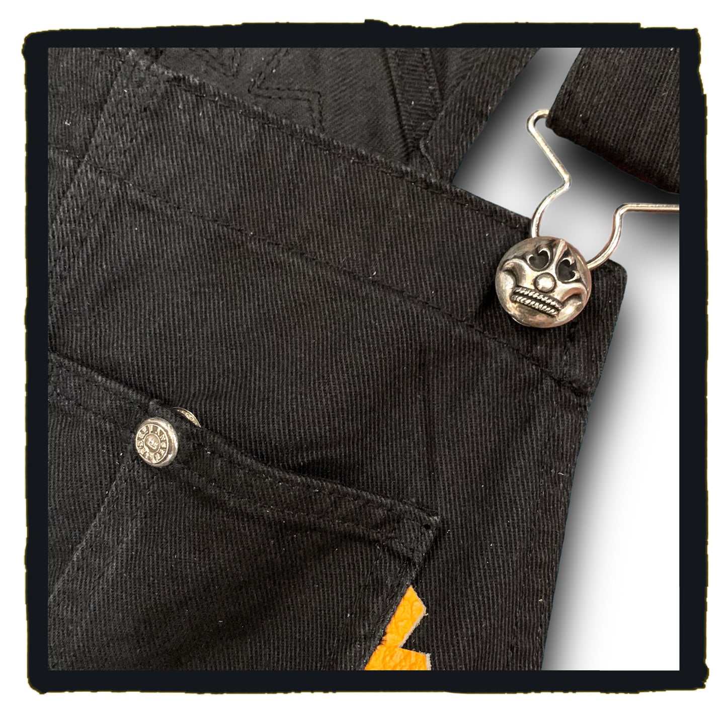 bespoke - denim overall with leather cross patch & sterling silver parts 2023 08
