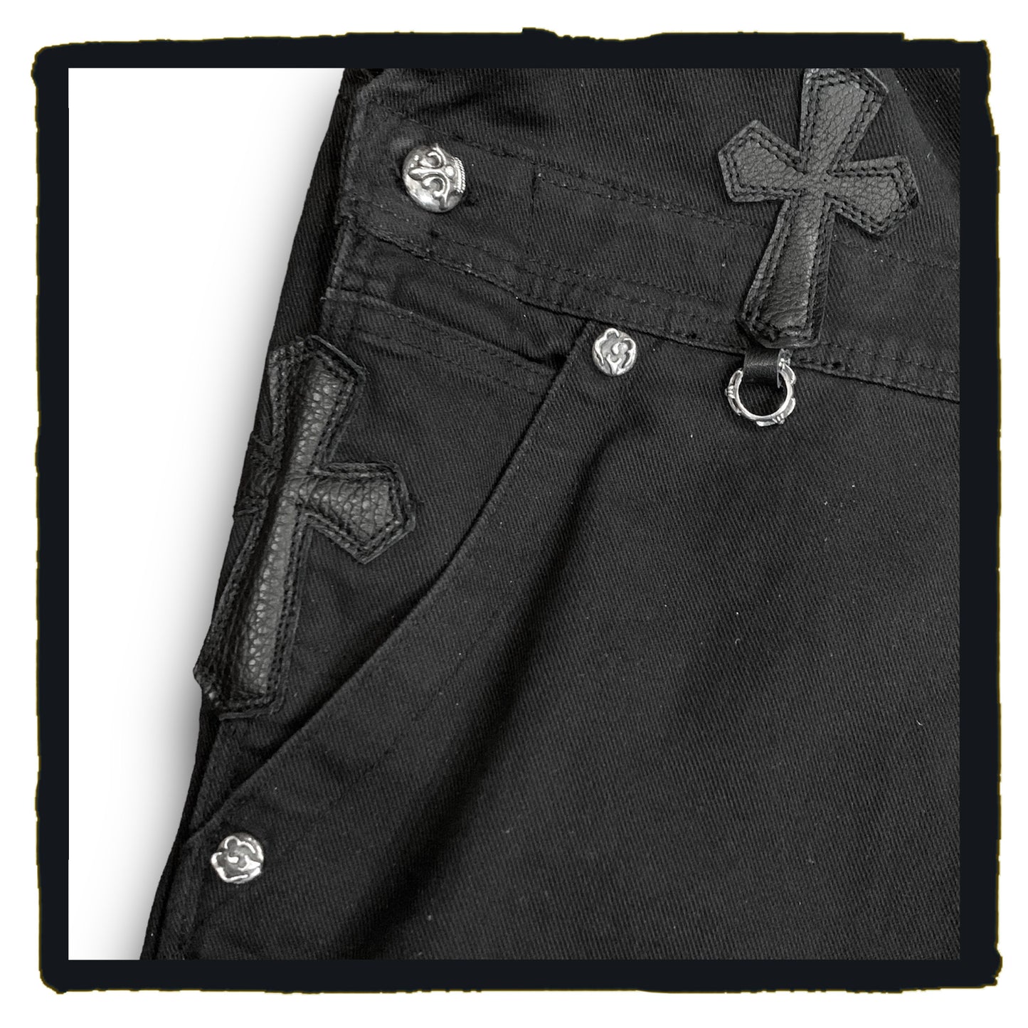 bespoke - denim overall with leather cross patch & sterling silver parts 2023 08