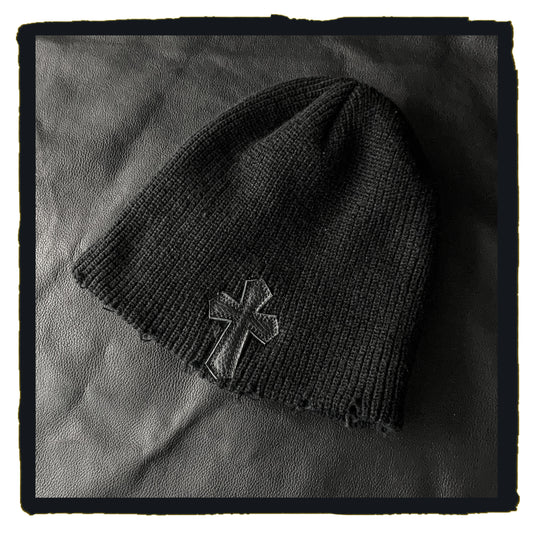 hat - 81-221103a torn wool hat with leather cross